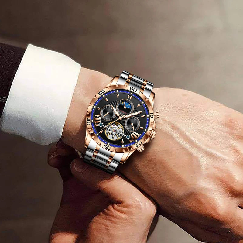 GLENAW High Quality Mens Business Watch Gentleman Style Stainless Steel Leisure Mechanical Watch Clock Luminous Black Watches