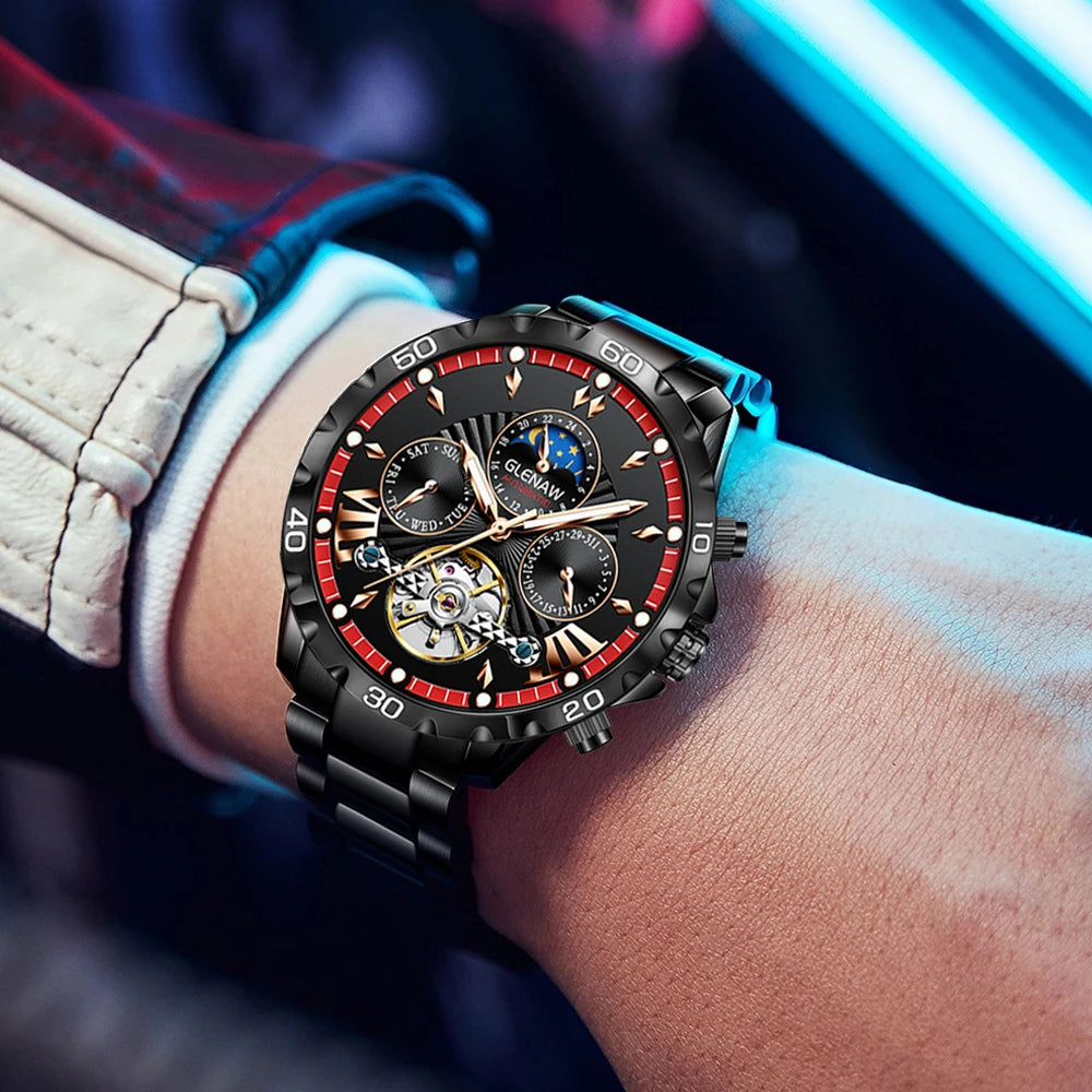GLENAW High Quality Mens Business Watch Gentleman Style Stainless Steel Leisure Mechanical Watch Clock Luminous Black Watches
