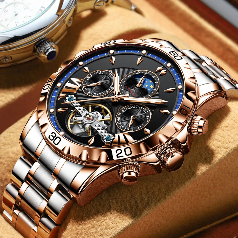 GLENAW High Quality Mens Business Watch Gentleman Style Stainless Steel Leisure Mechanical Watch Clock Luminous Black Watches
