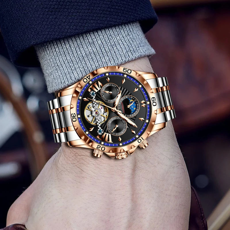GLENAW High Quality Mens Business Watch Gentleman Style Stainless Steel Leisure Mechanical Watch Clock Luminous Black Watches