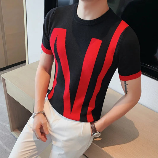 Spring Autumn Short Sleeve Knitted Sweater Men Clothing 2024 Slim Fit Casual Pullovers High Quality Printed Tee Shirt Top 4XL-M