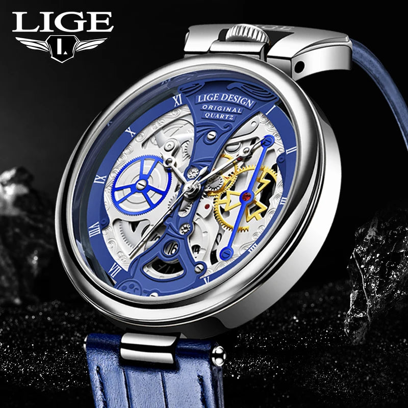 LIGE Men Watch Creative Quartz Watches Fashion Casual Waterproof Auto Date Leather Band Luxury Watch Men Gentleman Gift+Box
